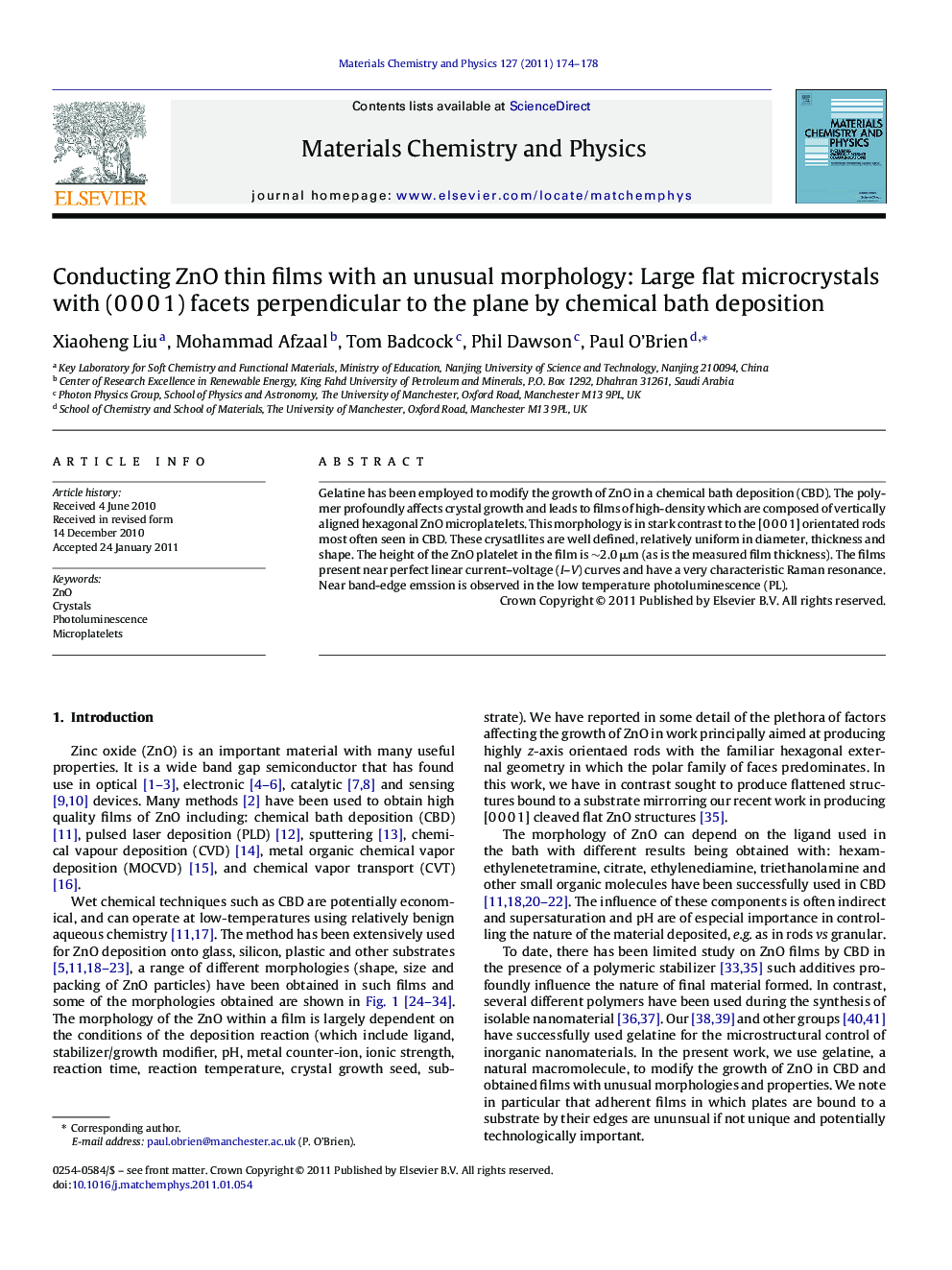 Conducting ZnO thin films with an unusual morphology: Large flat microcrystals with (0Â 0Â 0Â 1) facets perpendicular to the plane by chemical bath deposition