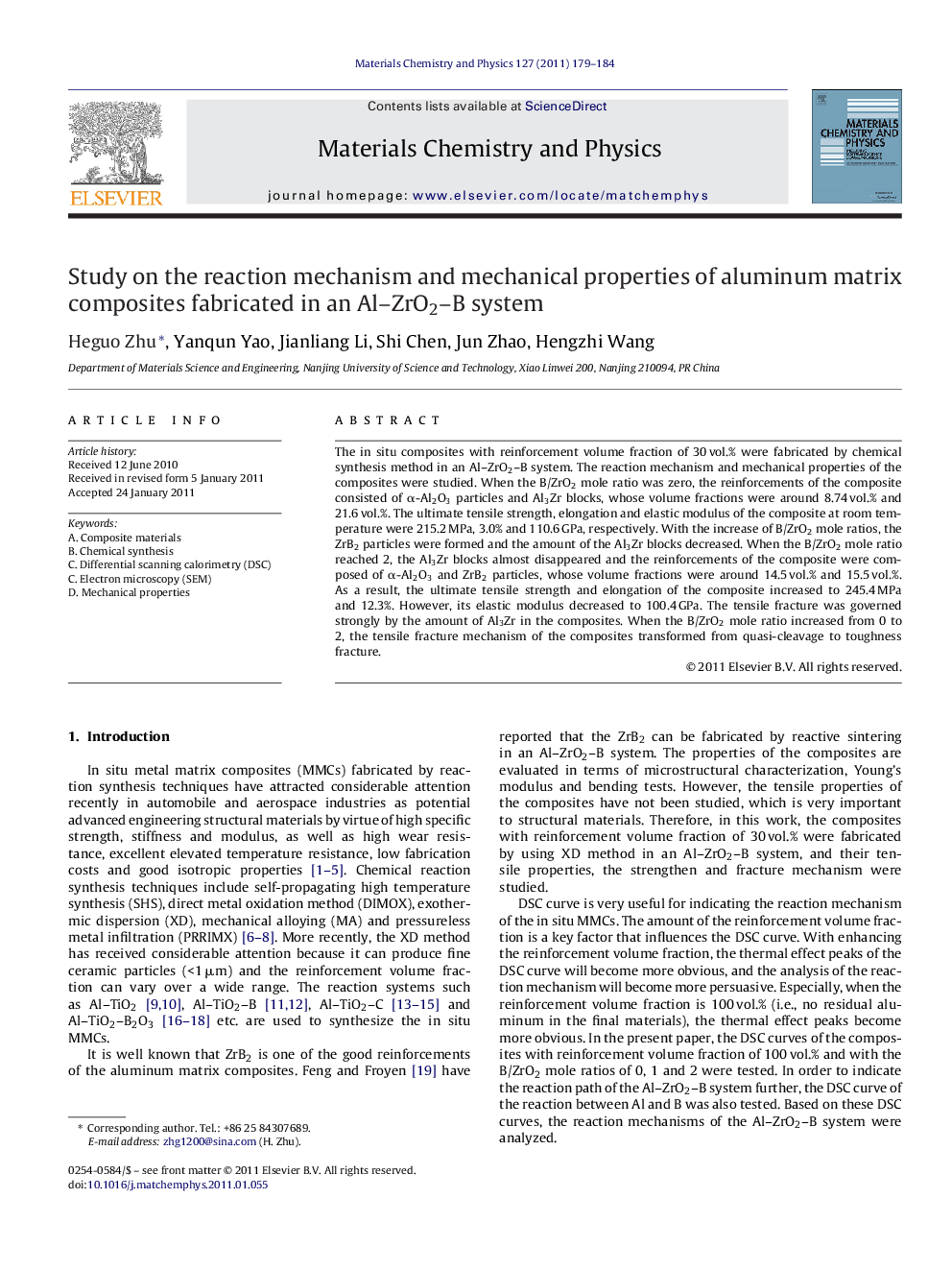 Study on the reaction mechanism and mechanical properties of aluminum matrix composites fabricated in an Al-ZrO2-B system