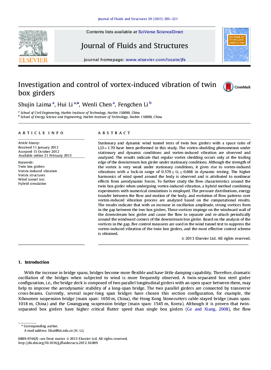 Investigation and control of vortex-induced vibration of twin box girders