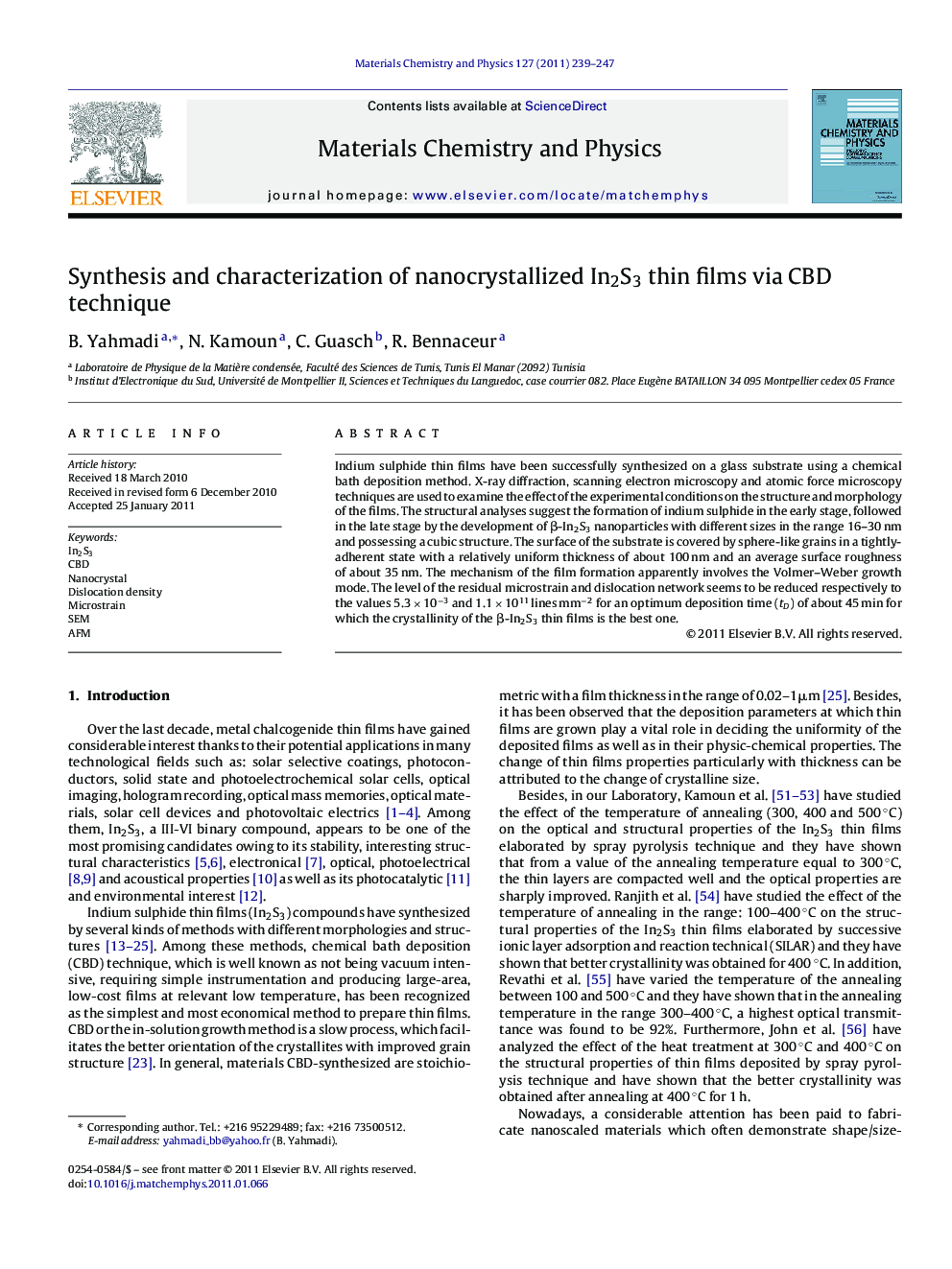 Synthesis and characterization of nanocrystallized In2S3 thin films via CBD technique