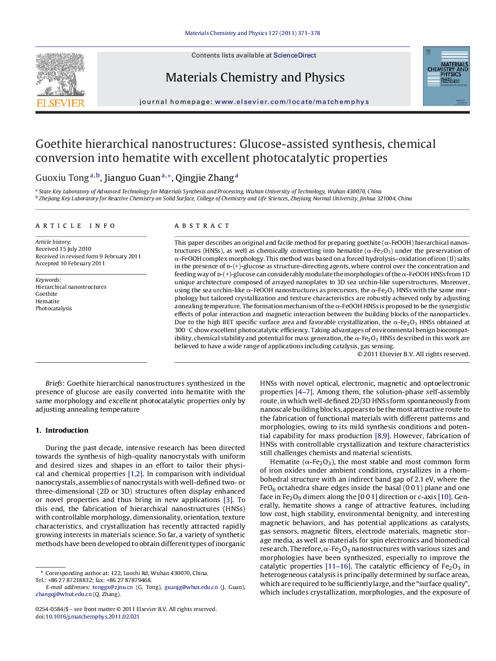 Goethite hierarchical nanostructures: Glucose-assisted synthesis, chemical conversion into hematite with excellent photocatalytic properties