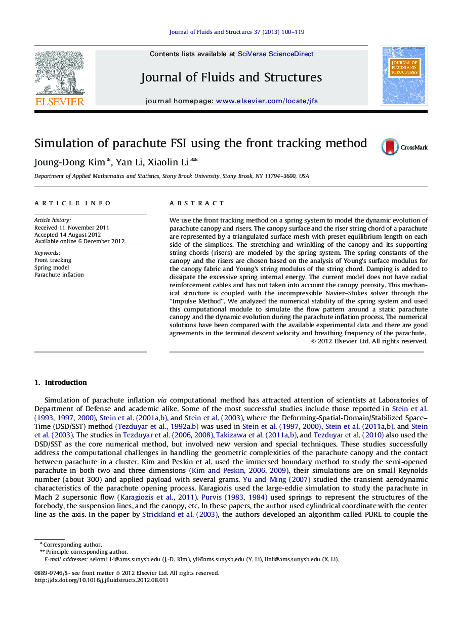 Simulation of parachute FSI using the front tracking method