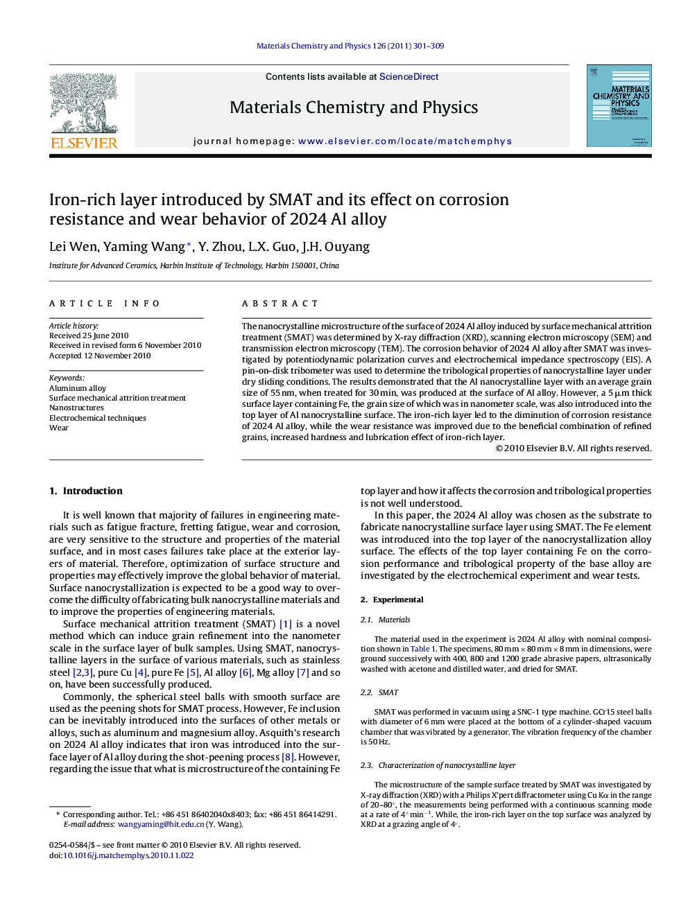 Iron-rich layer introduced by SMAT and its effect on corrosion resistance and wear behavior of 2024 Al alloy