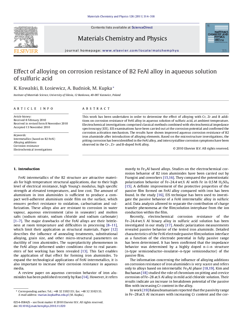 Effect of alloying on corrosion resistance of B2 FeAl alloy in aqueous solution of sulfuric acid