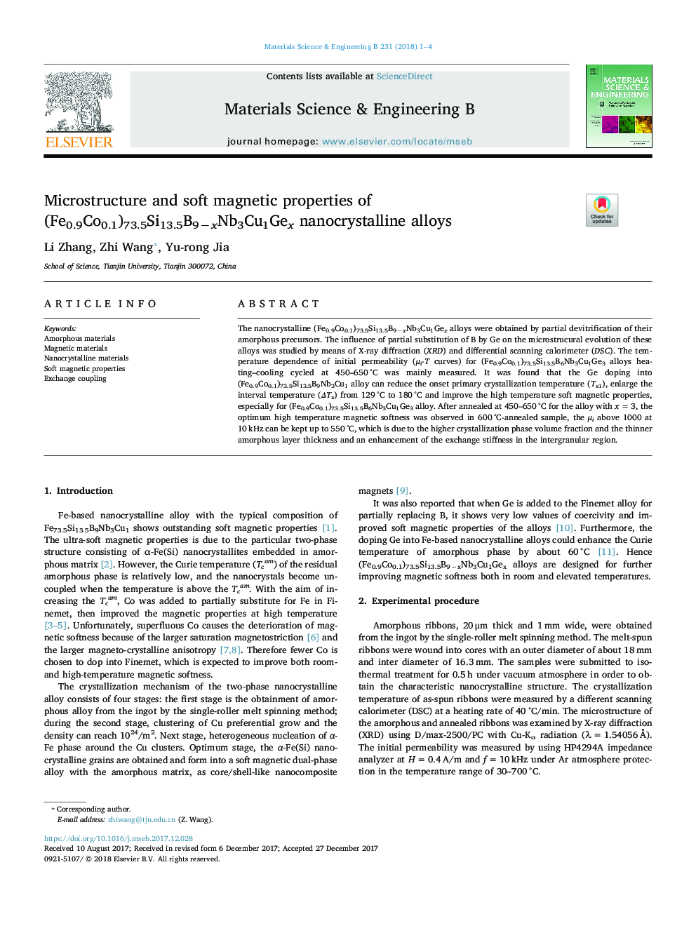 Microstructure and soft magnetic properties of (Fe0.9Co0.1)73.5Si13.5B9âxNb3Cu1Gex nanocrystalline alloys