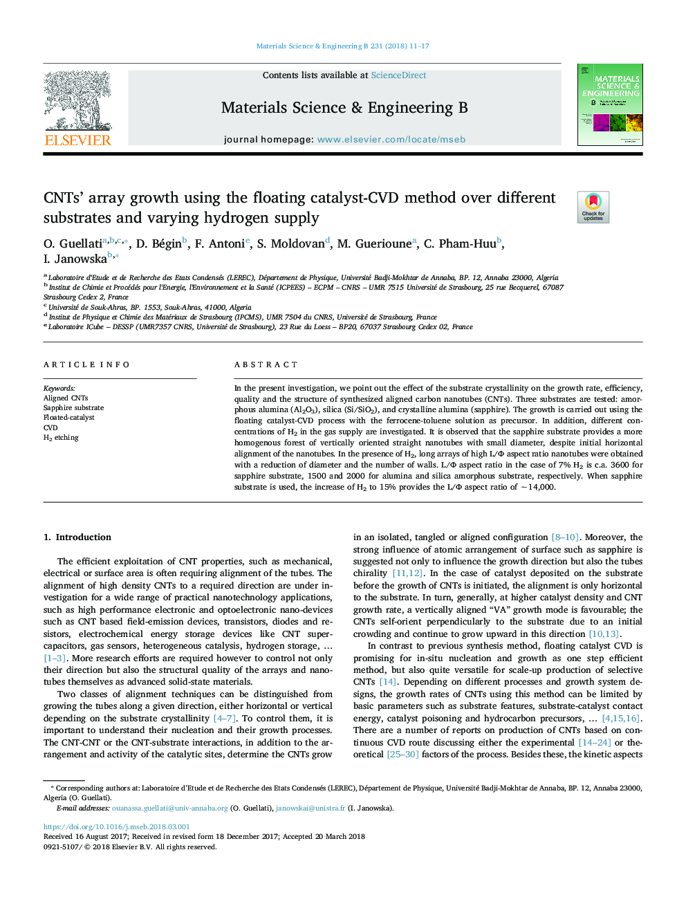 CNTs' array growth using the floating catalyst-CVD method over different substrates and varying hydrogen supply