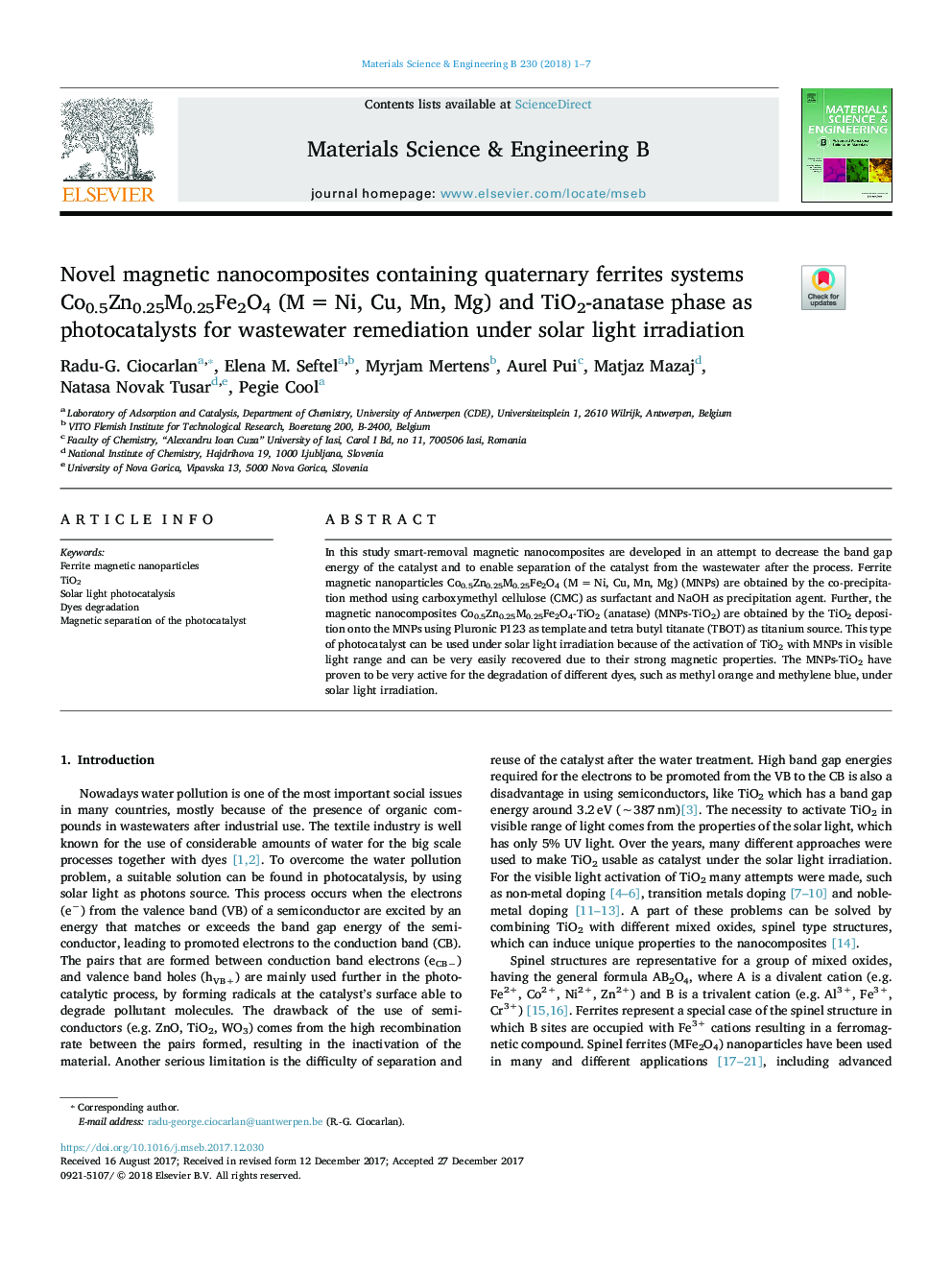 عکس صفحه اول مقاله: Novel magnetic nanocomposites containing quaternary ferrites systems Co0.5Zn0.25M0.25Fe2O4 (Mâ¯=â¯Ni, Cu, Mn, Mg) and TiO2-anatase phase as photocatalysts for wastewater remediation under solar light irradiation Novel magnetic nanocomposites containing quaternary ferrites systems Co0.5Zn0.25M0.25Fe2O4 (Mâ¯=â¯Ni, Cu, Mn, Mg) and TiO2-anatase phase as photocatalysts for wastewater remediation under solar light irradiation
