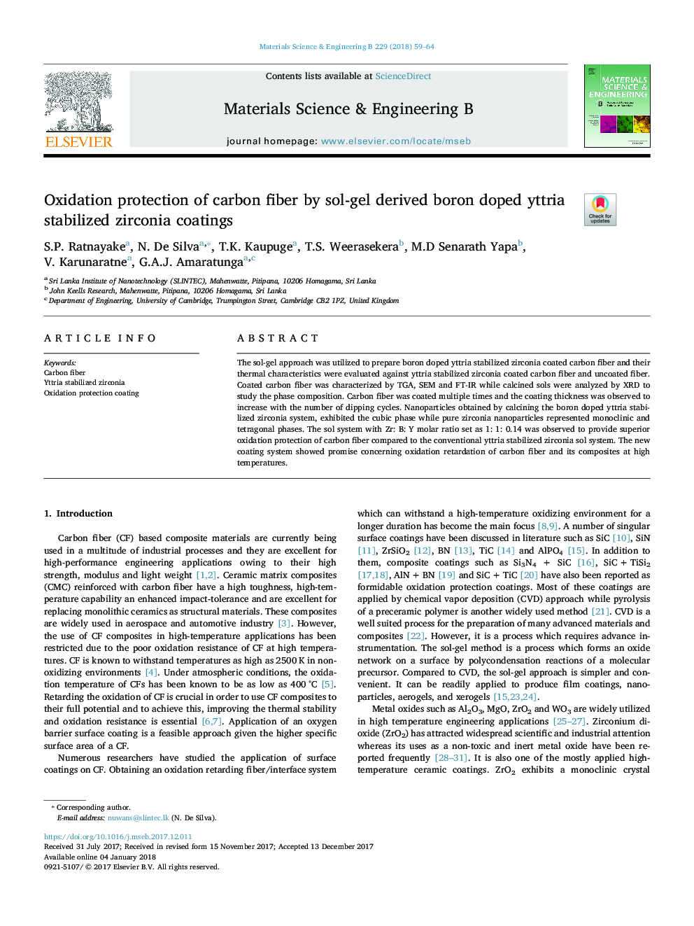 Oxidation protection of carbon fiber by sol-gel derived boron doped yttria stabilized zirconia coatings