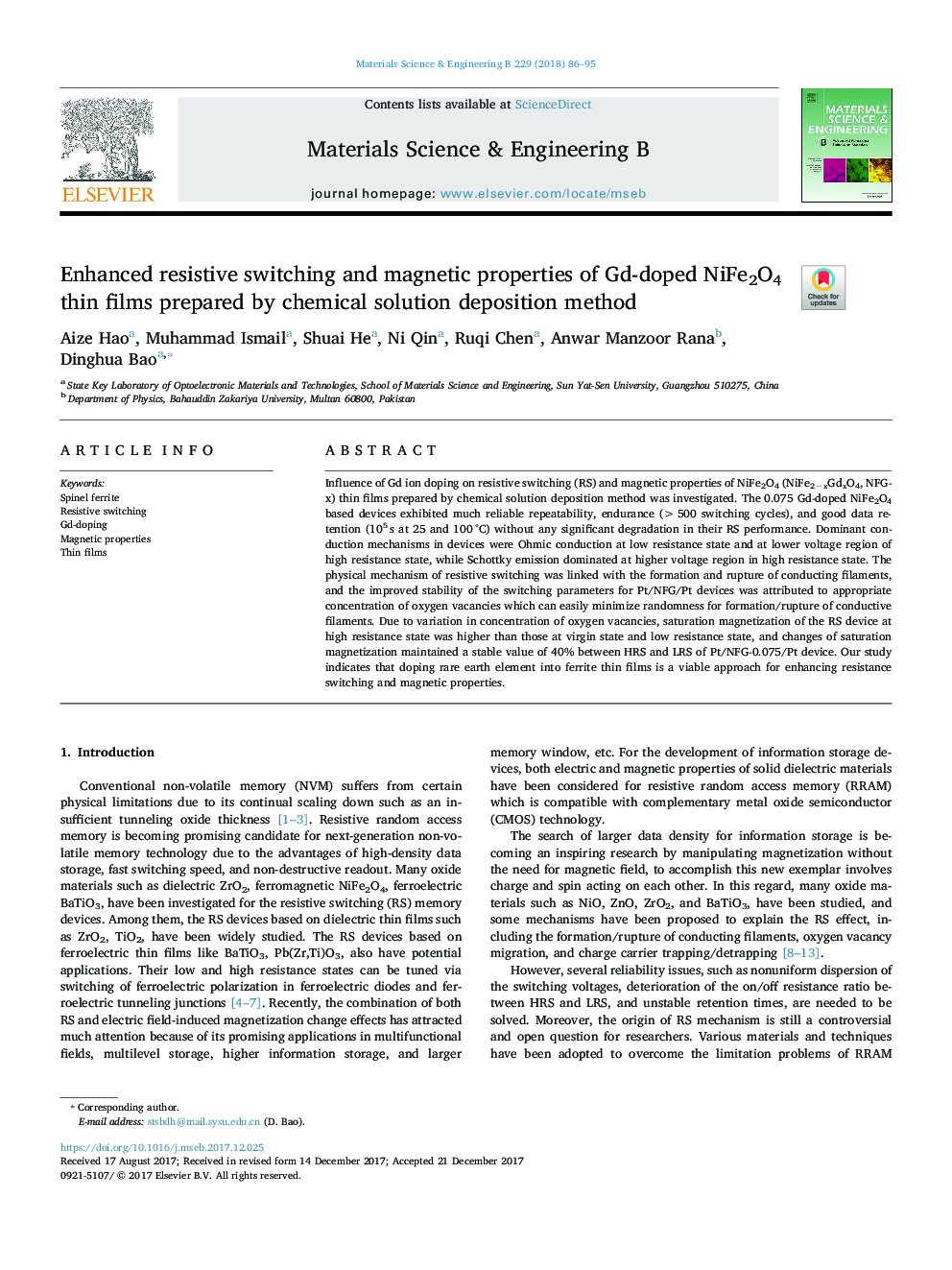 Enhanced resistive switching and magnetic properties of Gd-doped NiFe2O4 thin films prepared by chemical solution deposition method