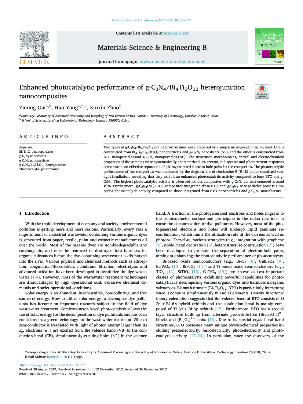 Enhanced photocatalytic performance of g-C3N4/Bi4Ti3O12 heterojunction nanocomposites