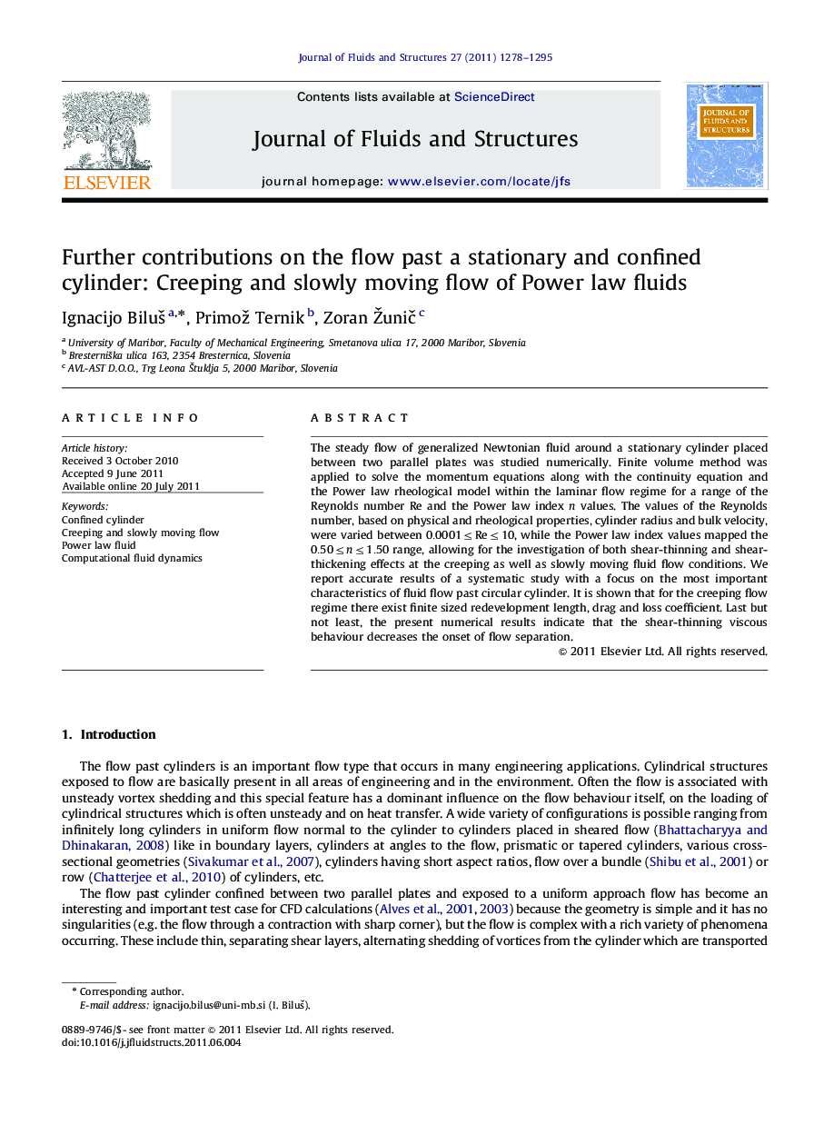 Further contributions on the flow past a stationary and confined cylinder: Creeping and slowly moving flow of Power law fluids