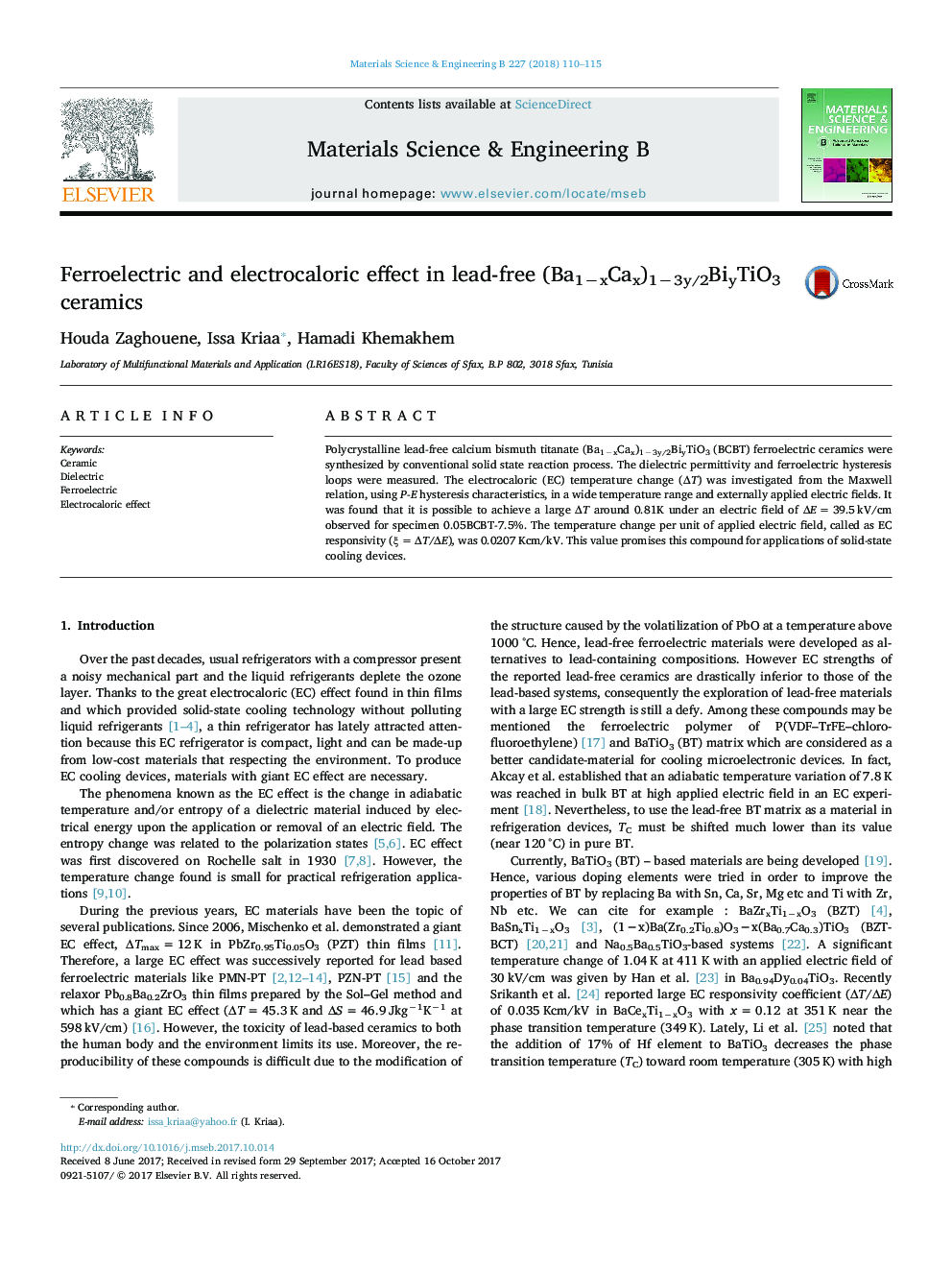 Ferroelectric and electrocaloric effect in lead-free (Ba1âxCax)1â3y/2BiyTiO3 ceramics