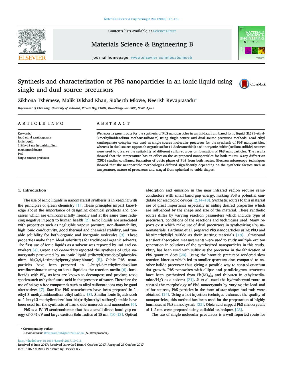 Synthesis and characterization of PbS nanoparticles in an ionic liquid using single and dual source precursors