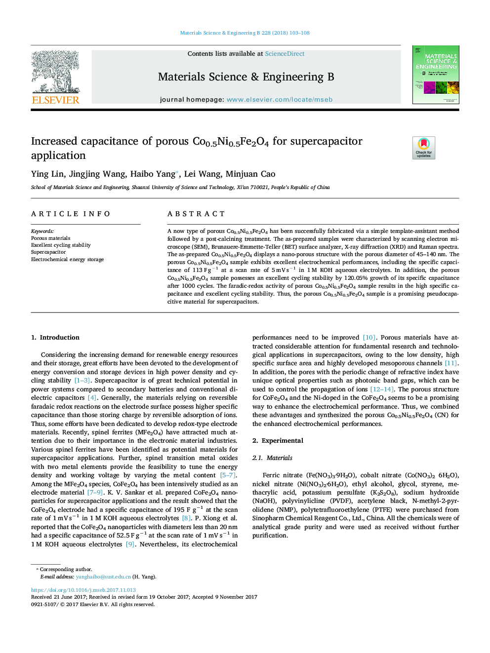 Increased capacitance of porous Co0.5Ni0.5Fe2O4 for supercapacitor application