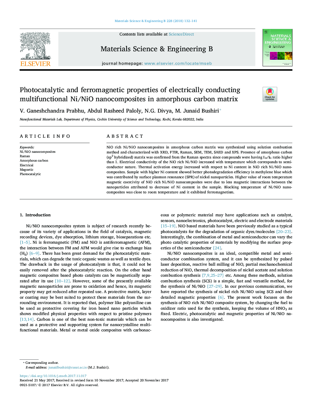 Photocatalytic and ferromagnetic properties of electrically conducting multifunctional Ni/NiO nanocomposites in amorphous carbon matrix