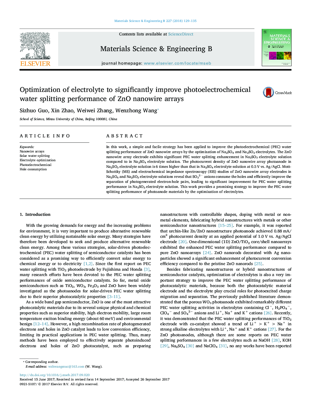 Optimization of electrolyte to significantly improve photoelectrochemical water splitting performance of ZnO nanowire arrays