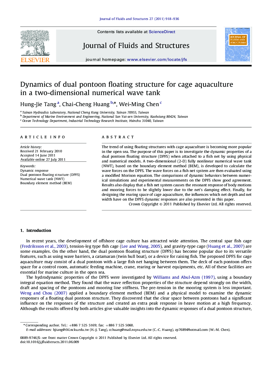 Dynamics of dual pontoon floating structure for cage aquaculture in a two-dimensional numerical wave tank