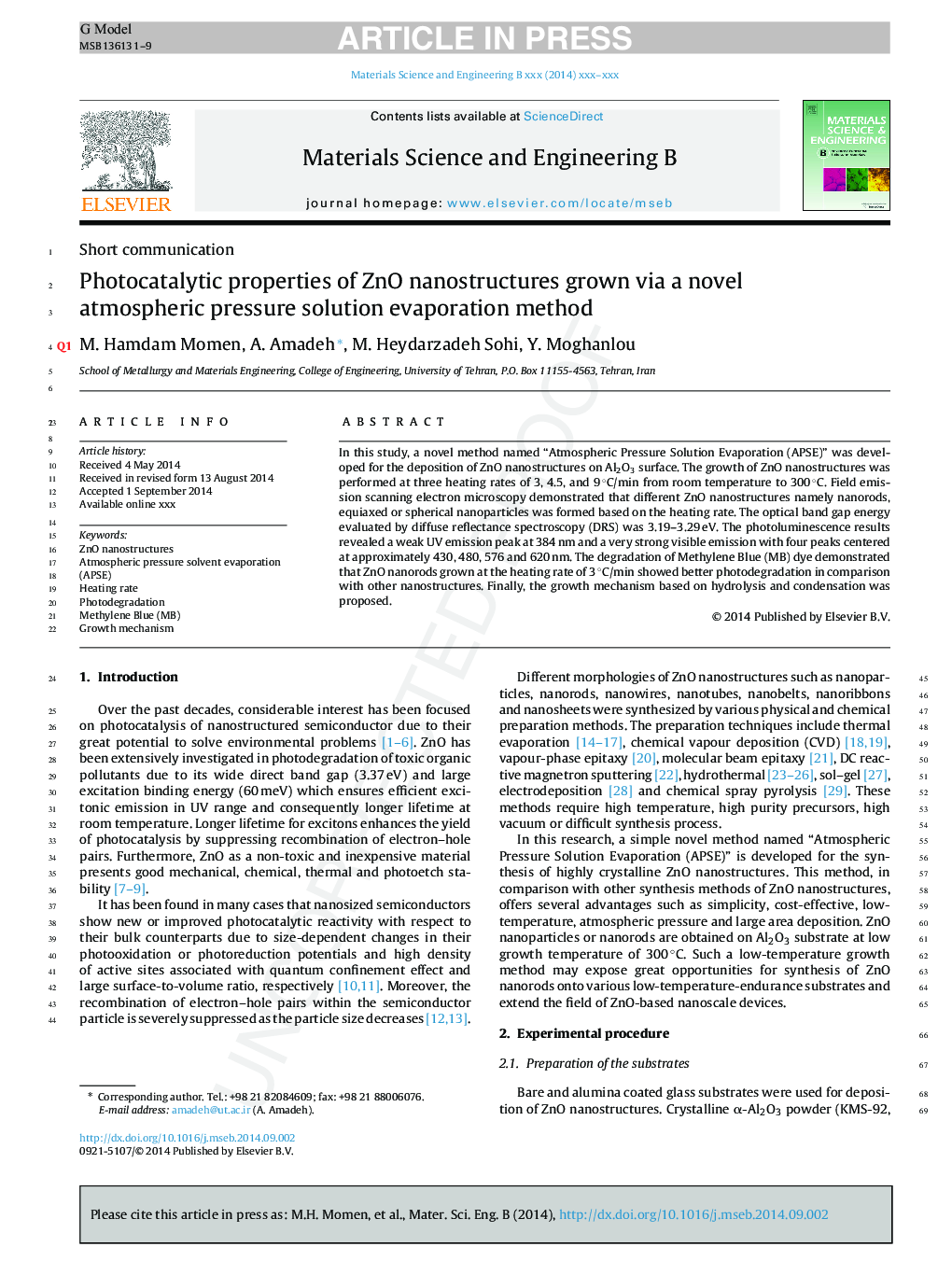 Photocatalytic properties of ZnO nanostructures grown via a novel atmospheric pressure solution evaporation method