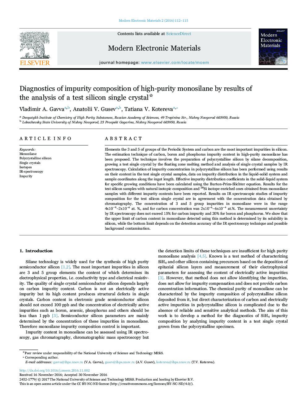 Diagnostics of impurity composition of high-purity monosilane by results of the analysis of a test silicon single crystal