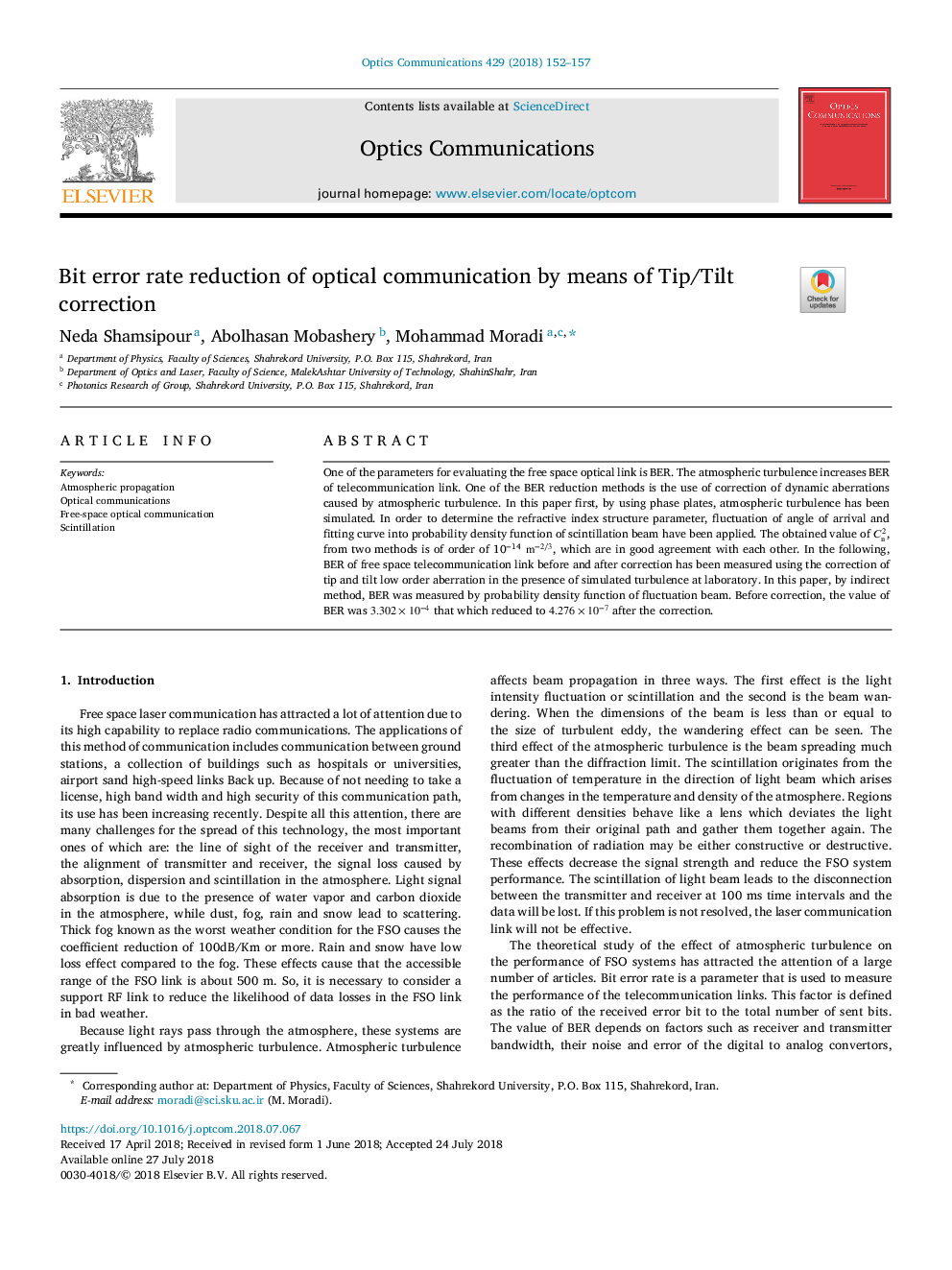 Bit error rate reduction of optical communication by means of Tip/Tilt correction