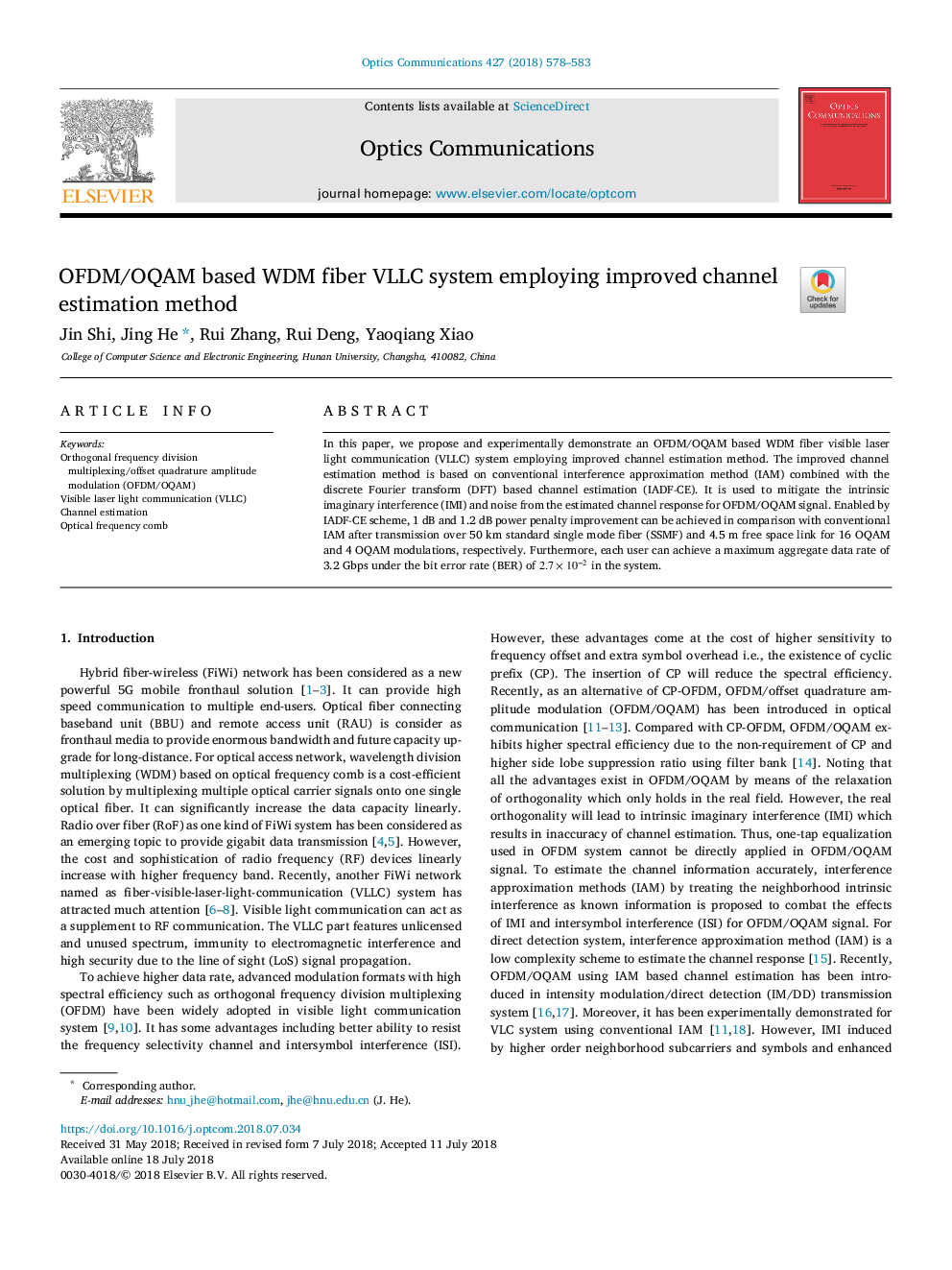 OFDM/OQAM based WDM fiber VLLC system employing improved channel estimation method