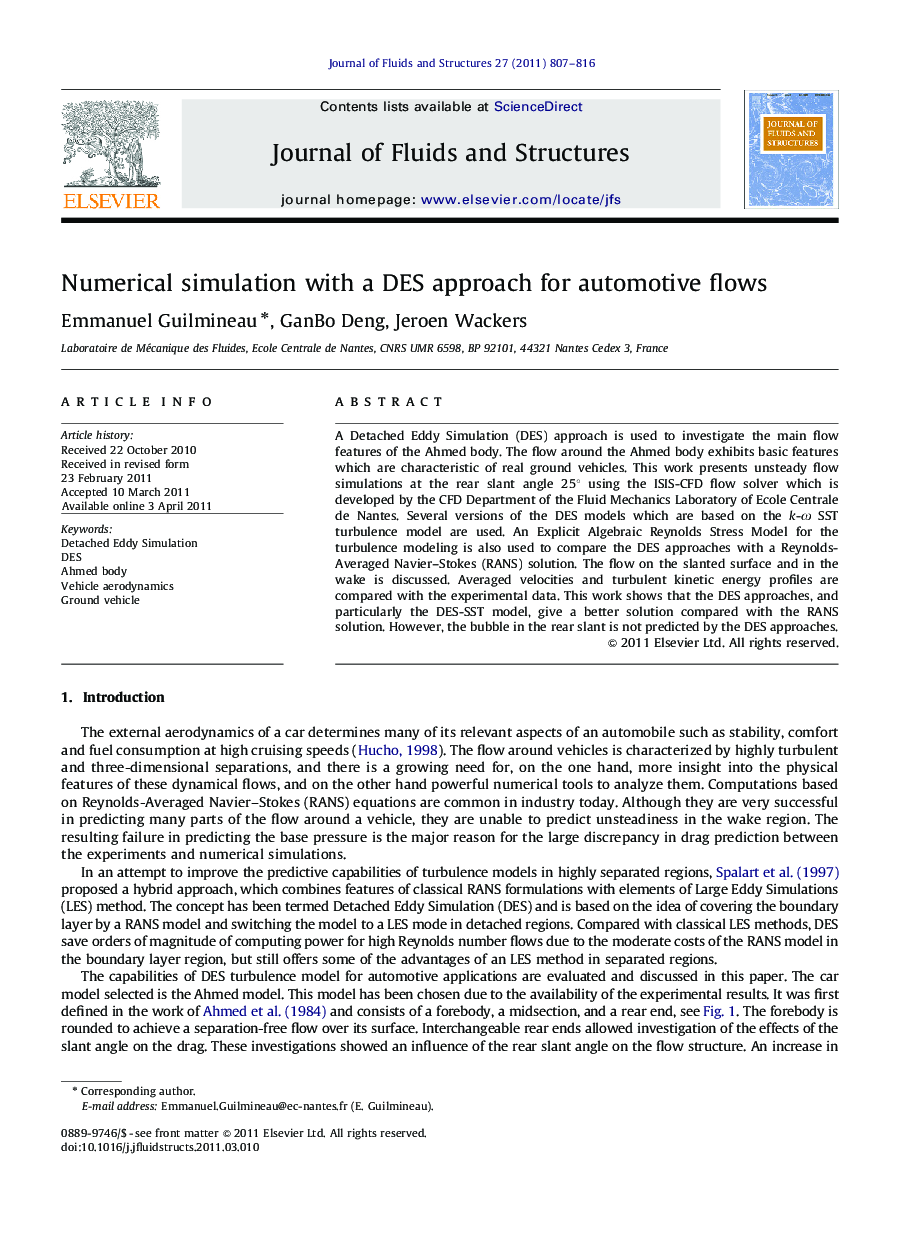 Numerical simulation with a DES approach for automotive flows