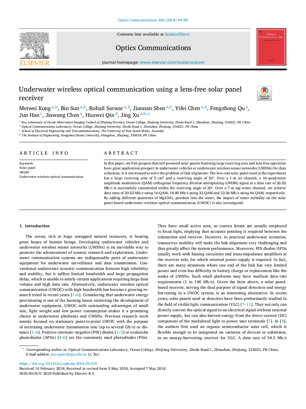 Underwater wireless optical communication using a lens-free solar panel receiver