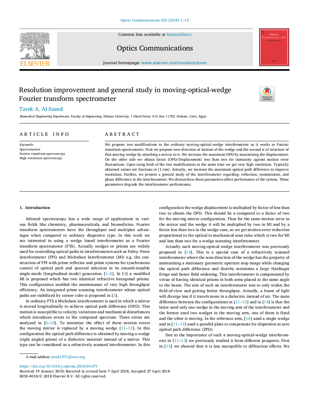 Resolution improvement and general study in moving-optical-wedge Fourier transform spectrometer