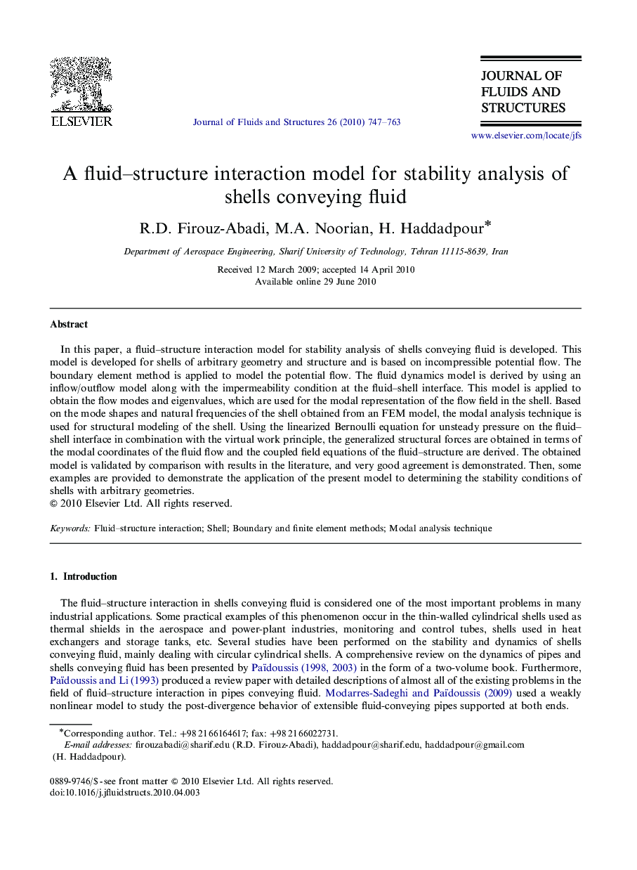 A fluid–structure interaction model for stability analysis of shells conveying fluid