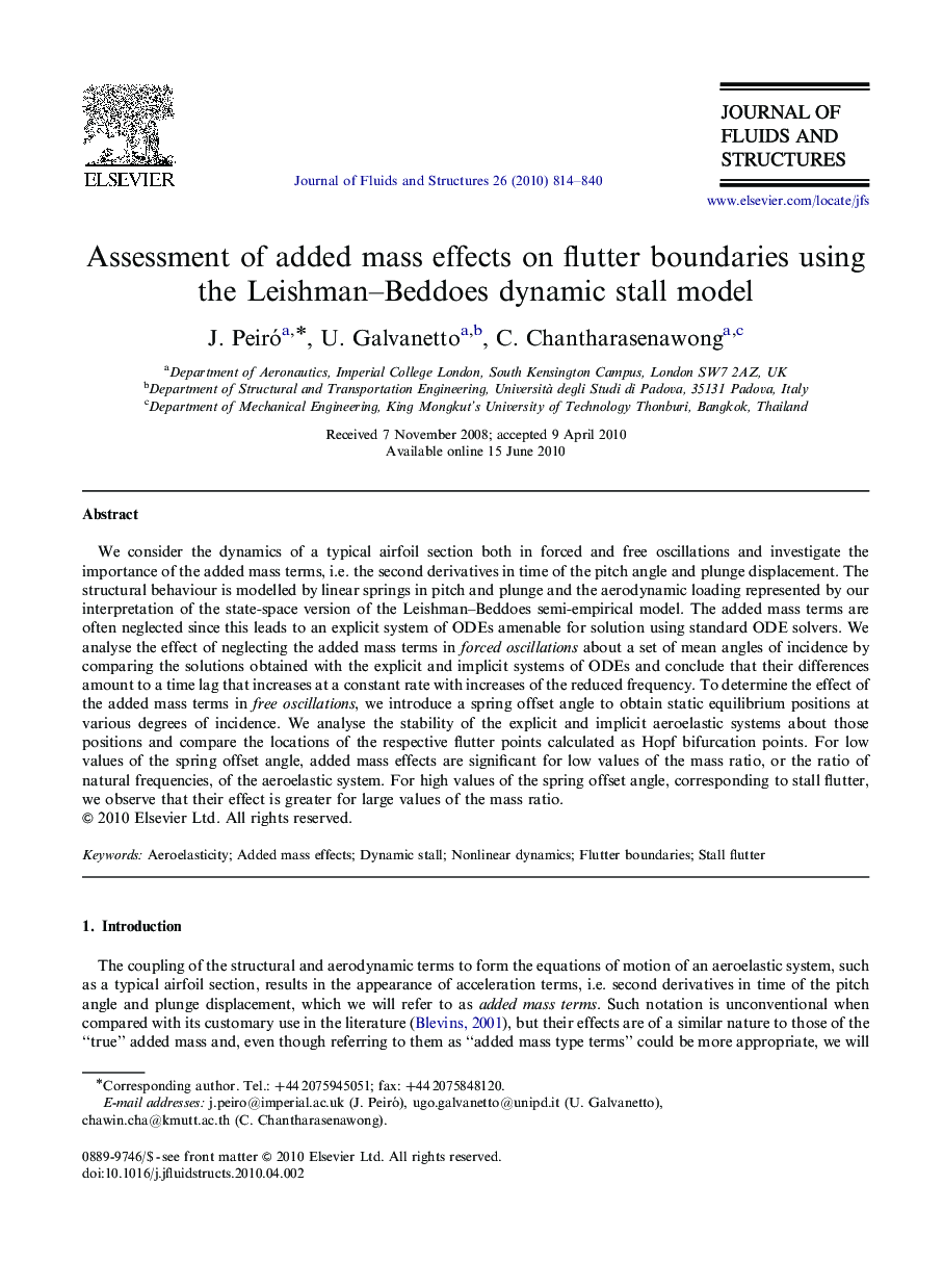 Assessment of added mass effects on flutter boundaries using the Leishman–Beddoes dynamic stall model