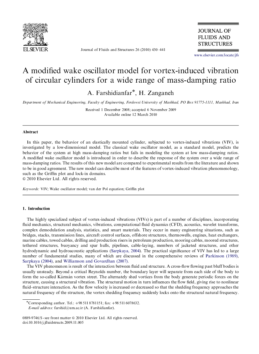 A modified wake oscillator model for vortex-induced vibration of circular cylinders for a wide range of mass-damping ratio