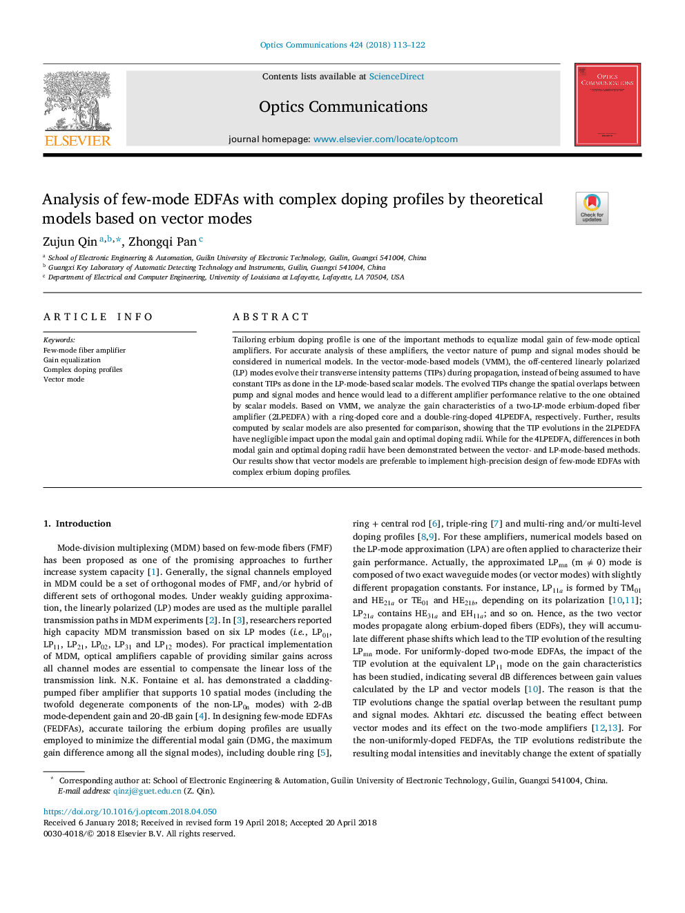عکس صفحه اول مقاله: Analysis of few-mode EDFAs with complex doping profiles by theoretical models based on vector modes Analysis of few-mode EDFAs with complex doping profiles by theoretical models based on vector modes