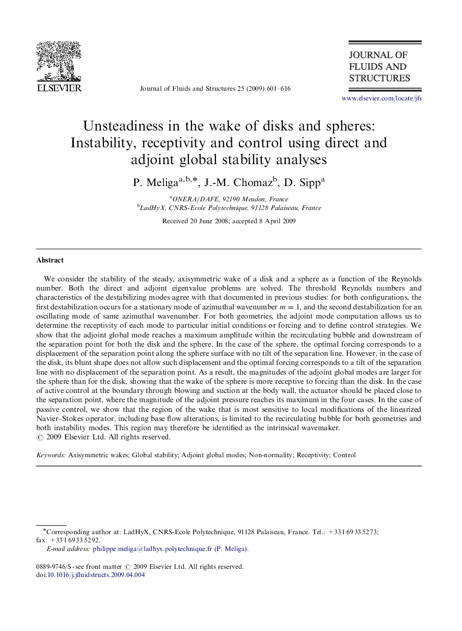 Unsteadiness in the wake of disks and spheres: Instability, receptivity and control using direct and adjoint global stability analyses