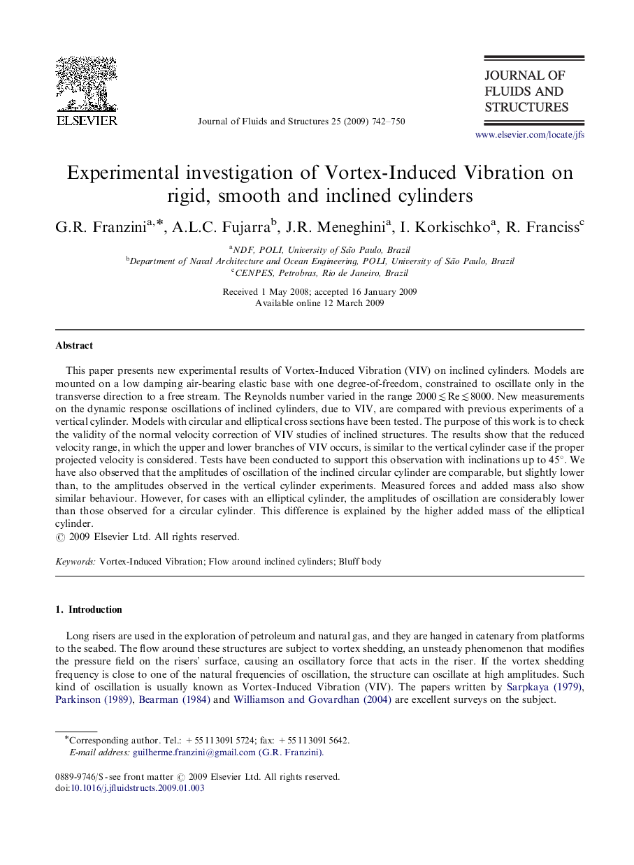 Experimental investigation of Vortex-Induced Vibration on rigid, smooth and inclined cylinders