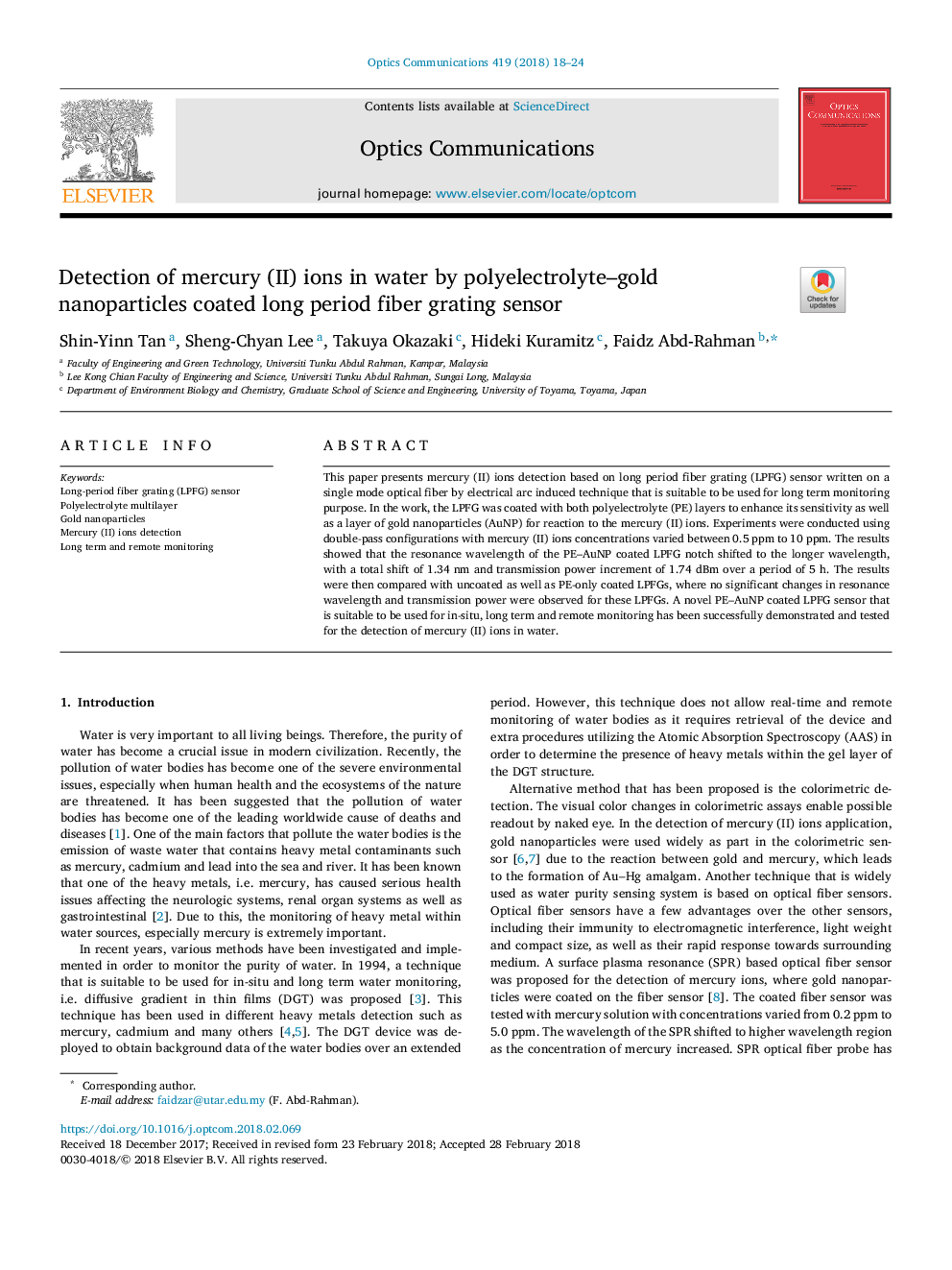 Detection of mercury (II) ions in water by polyelectrolyte-gold nanoparticles coated long period fiber grating sensor