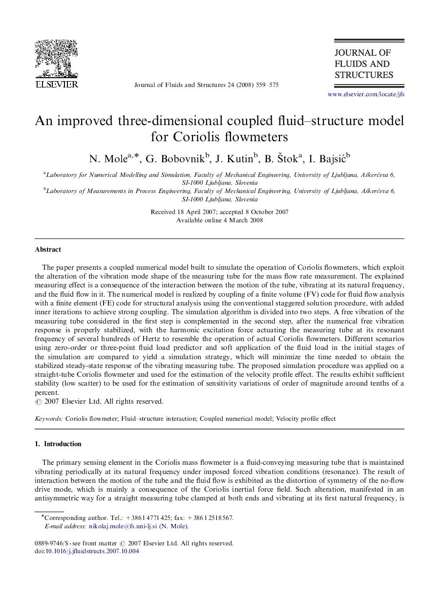 An improved three-dimensional coupled fluid–structure model for Coriolis flowmeters