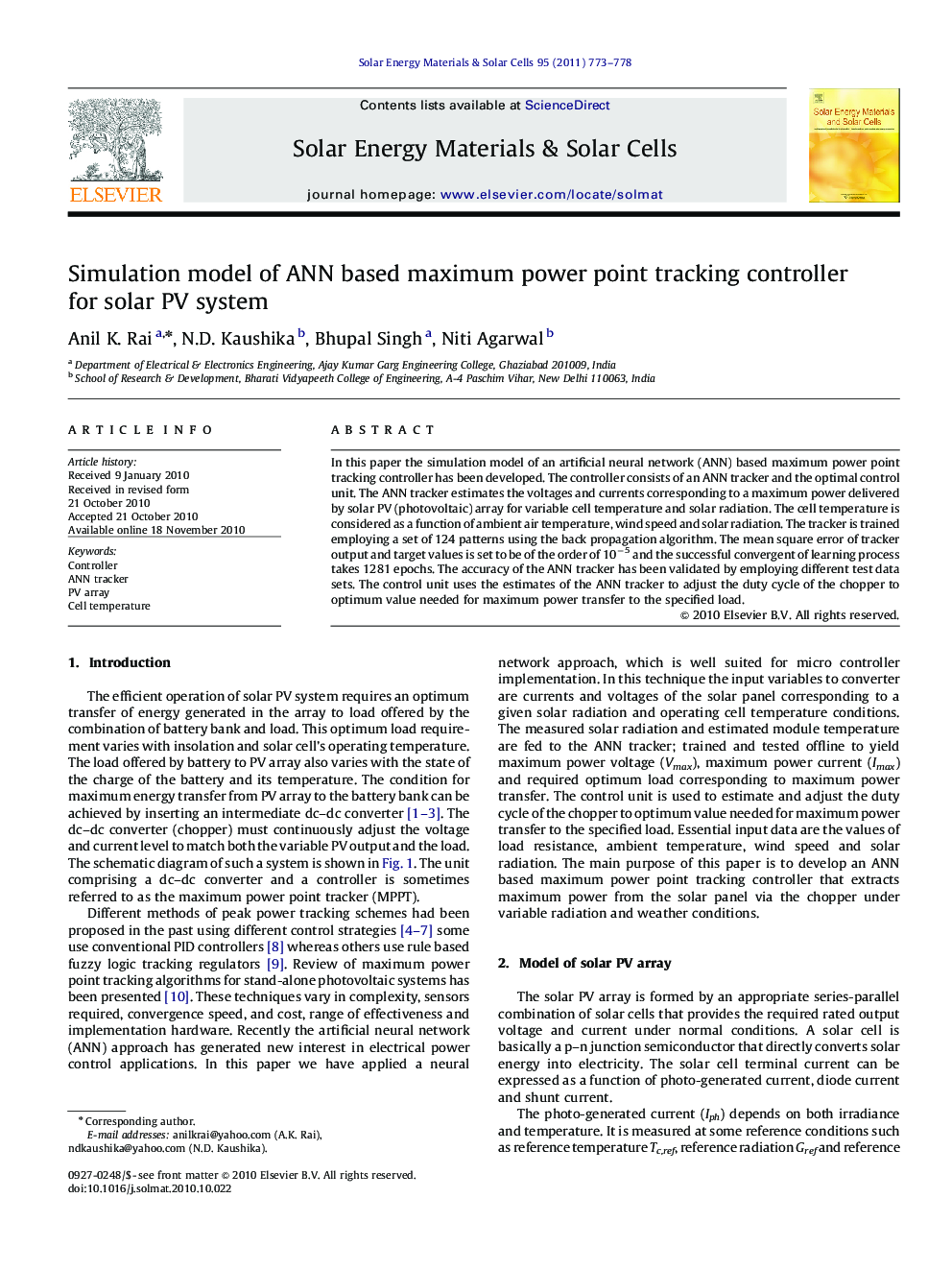 Simulation model of ANN based maximum power point tracking controller for solar PV system