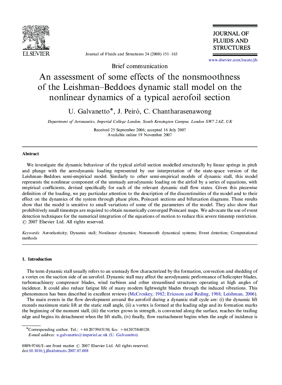 An assessment of some effects of the nonsmoothness of the Leishman–Beddoes dynamic stall model on the nonlinear dynamics of a typical aerofoil section