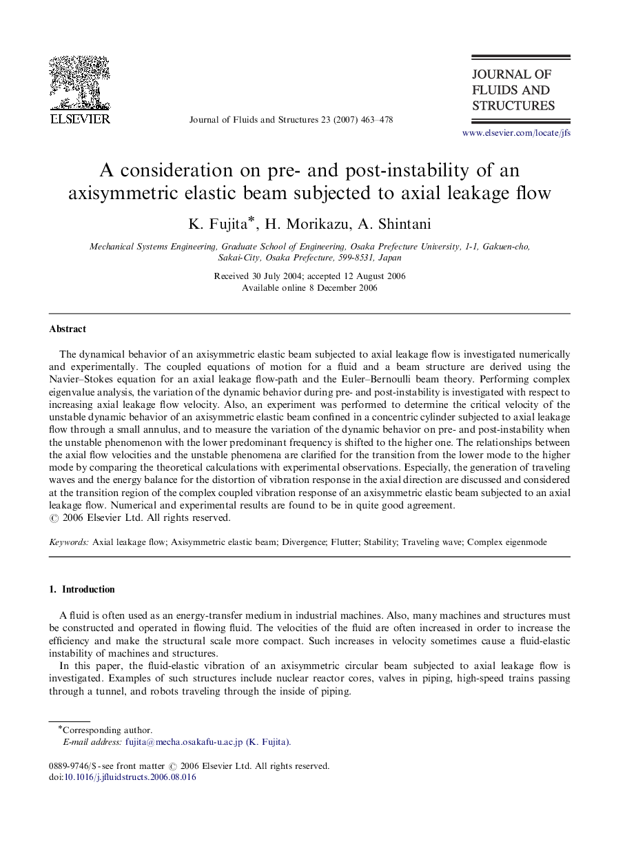 A consideration on pre- and post-instability of an axisymmetric elastic beam subjected to axial leakage flow