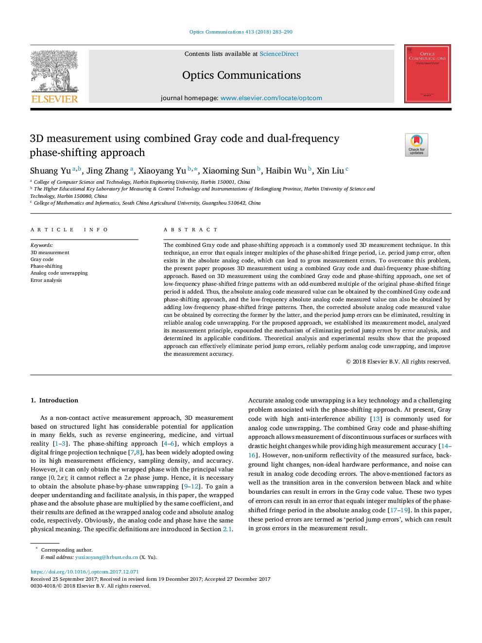 3D measurement using combined Gray code and dual-frequency phase-shifting approach