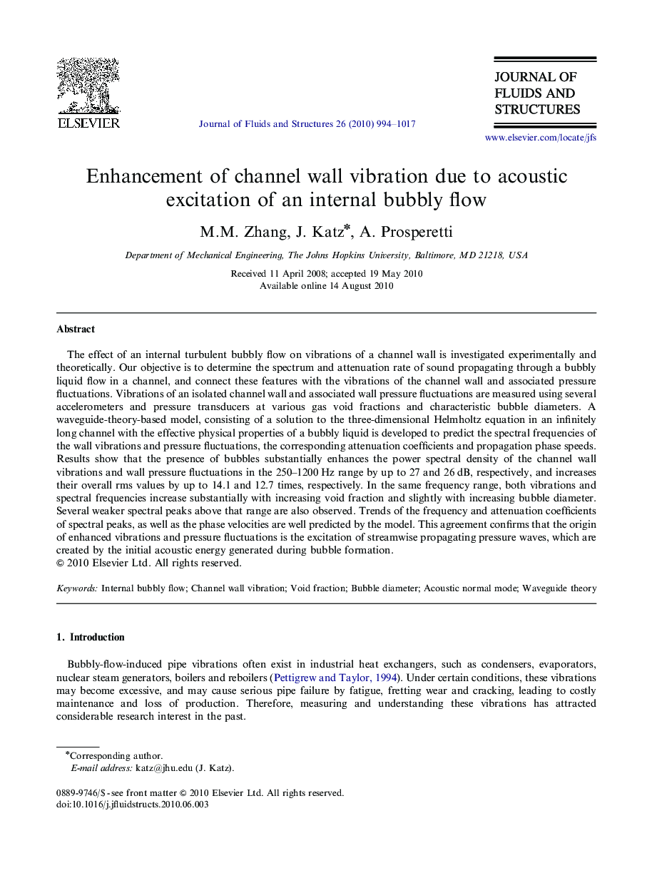 عکس صفحه اول مقاله: Enhancement of channel wall vibration due to acoustic excitation of an internal bubbly flow Enhancement of channel wall vibration due to acoustic excitation of an internal bubbly flow