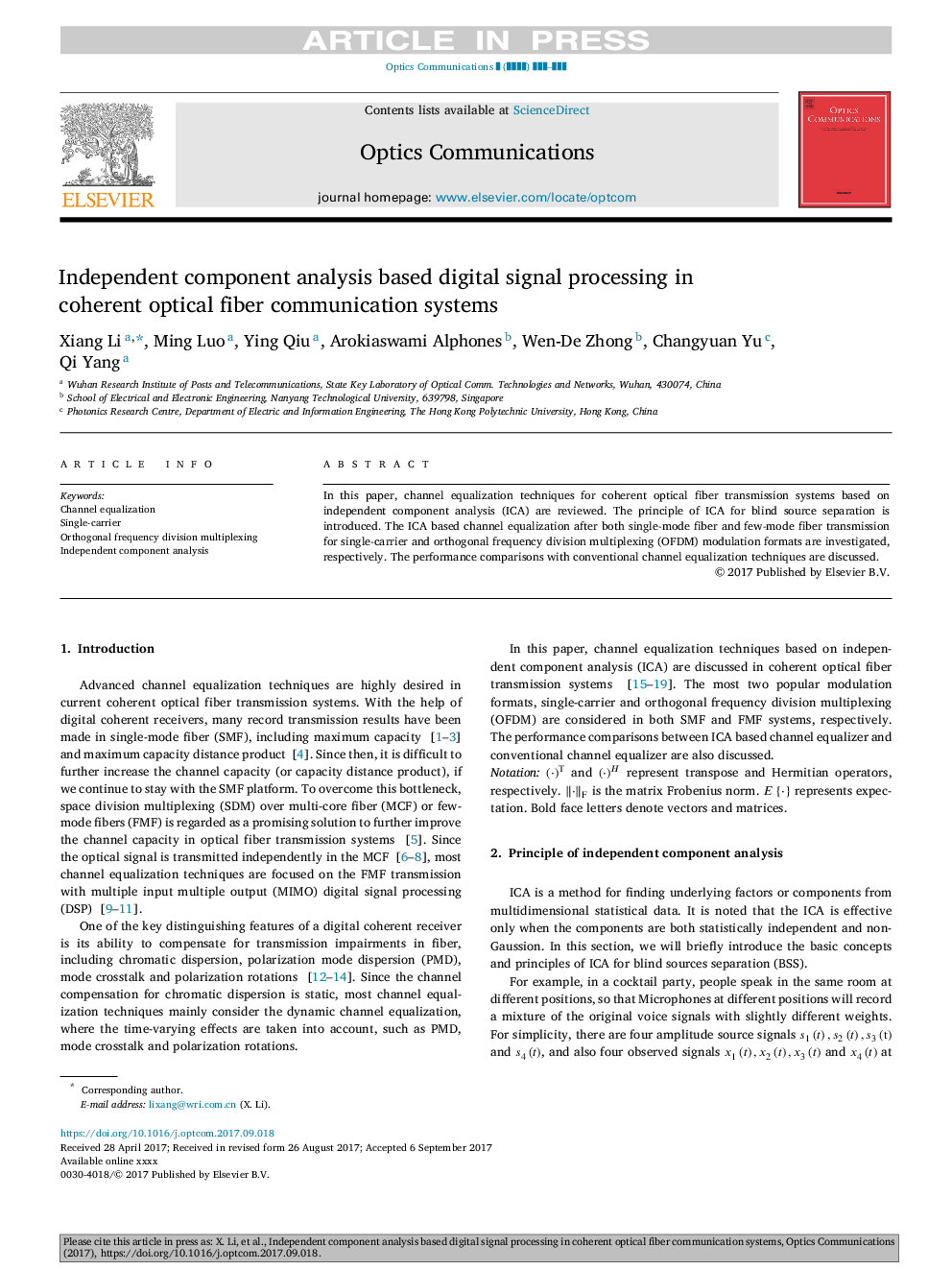 Independent component analysis based digital signal processing in coherent optical fiber communication systems