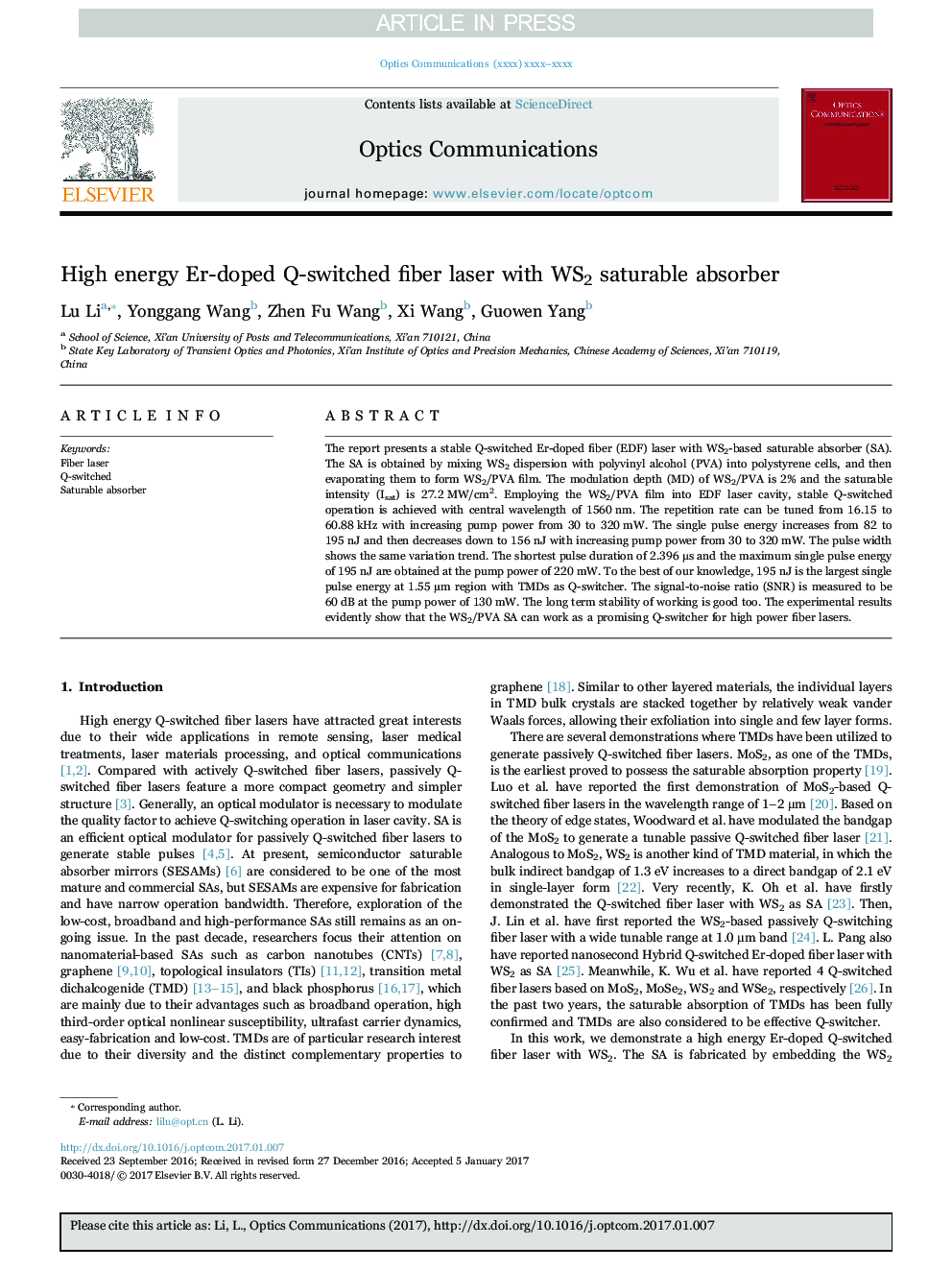 High energy Er-doped Q-switched fiber laser with WS2 saturable absorber