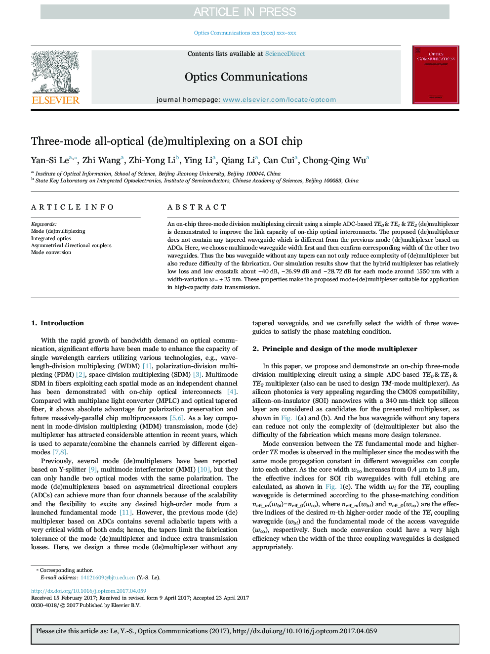 Three-mode all-optical (de)multiplexing on a SOI chip