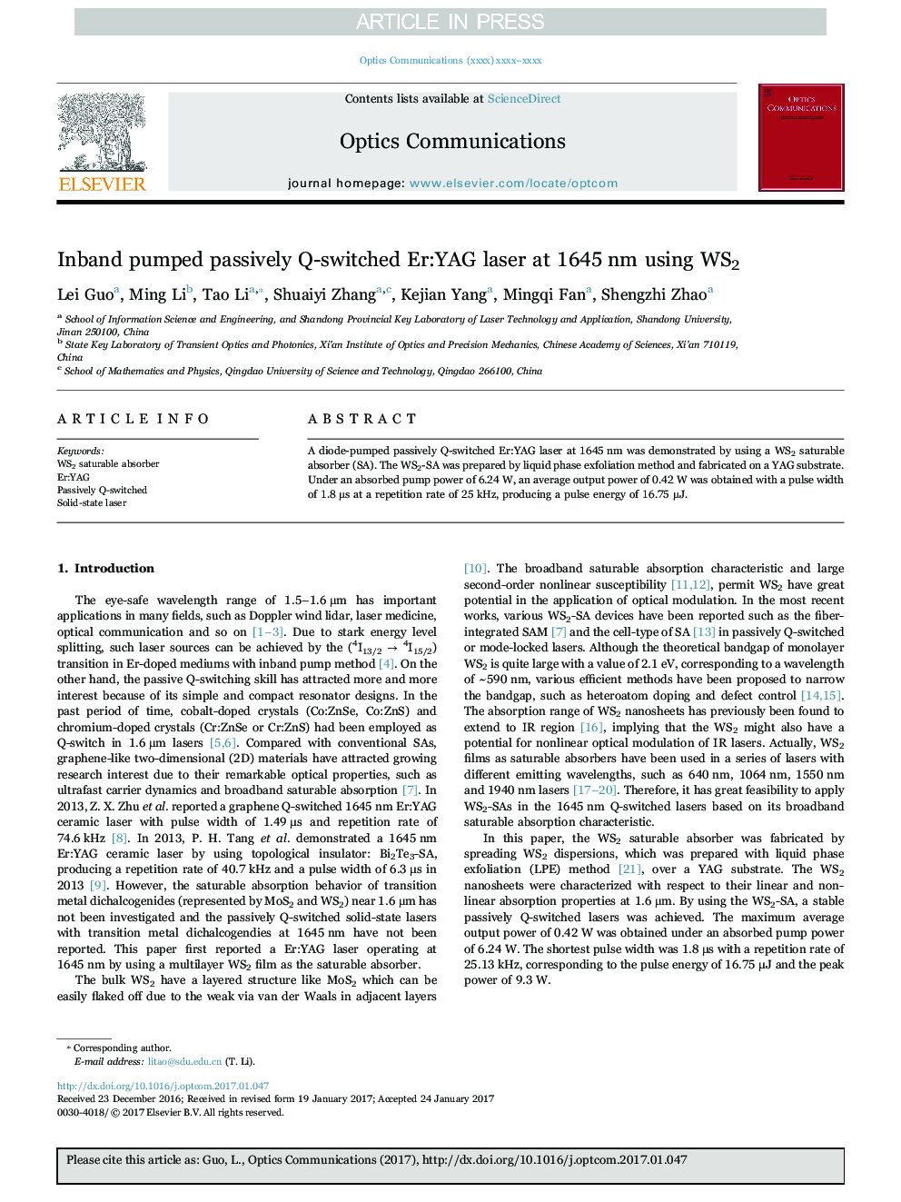 Inband pumped passively Q-switched Er:YAG laser at 1645Â nm using WS2