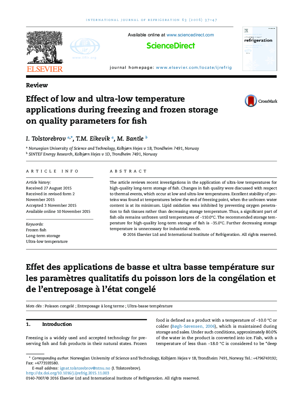 Effect of low and ultra-low temperature applications during freezing and frozen storage on quality parameters for fish