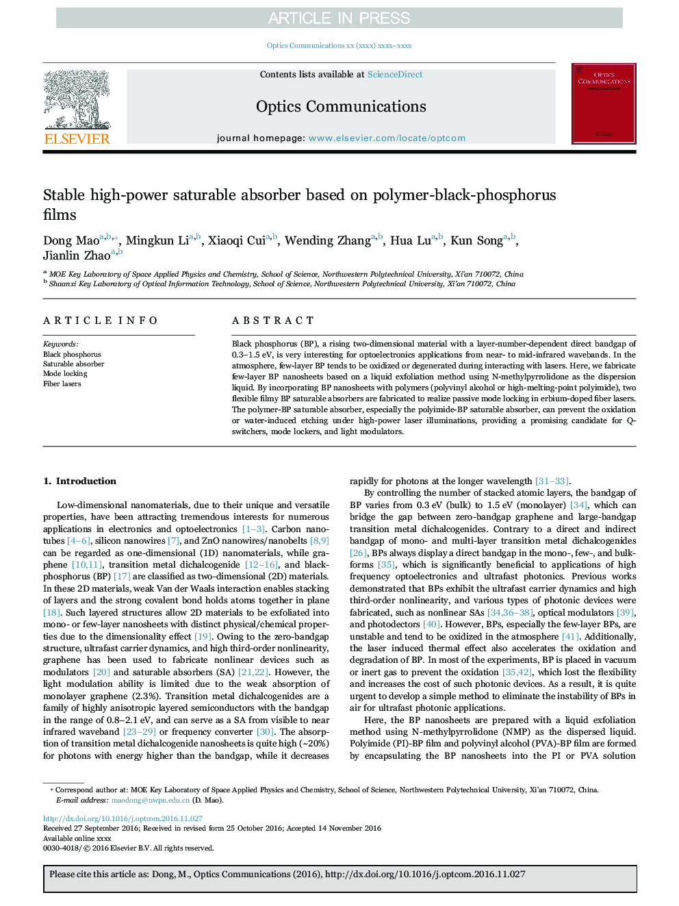 Stable high-power saturable absorber based on polymer-black-phosphorus films