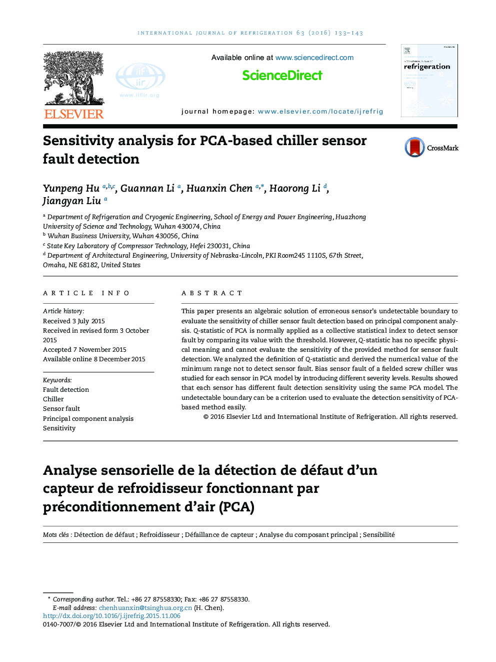 Sensitivity analysis for PCA-based chiller sensor fault detection