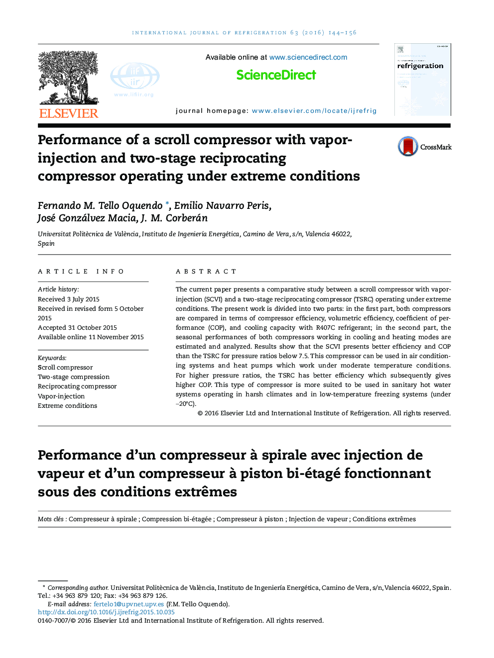 Performance of a scroll compressor with vapor-injection and two-stage reciprocating compressor operating under extreme conditions