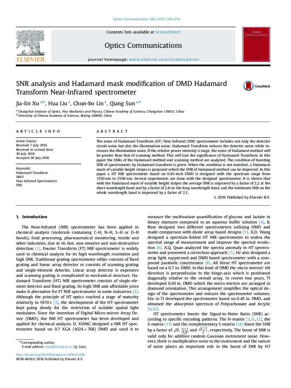 SNR analysis and Hadamard mask modification of DMD Hadamard Transform Near-Infrared spectrometer